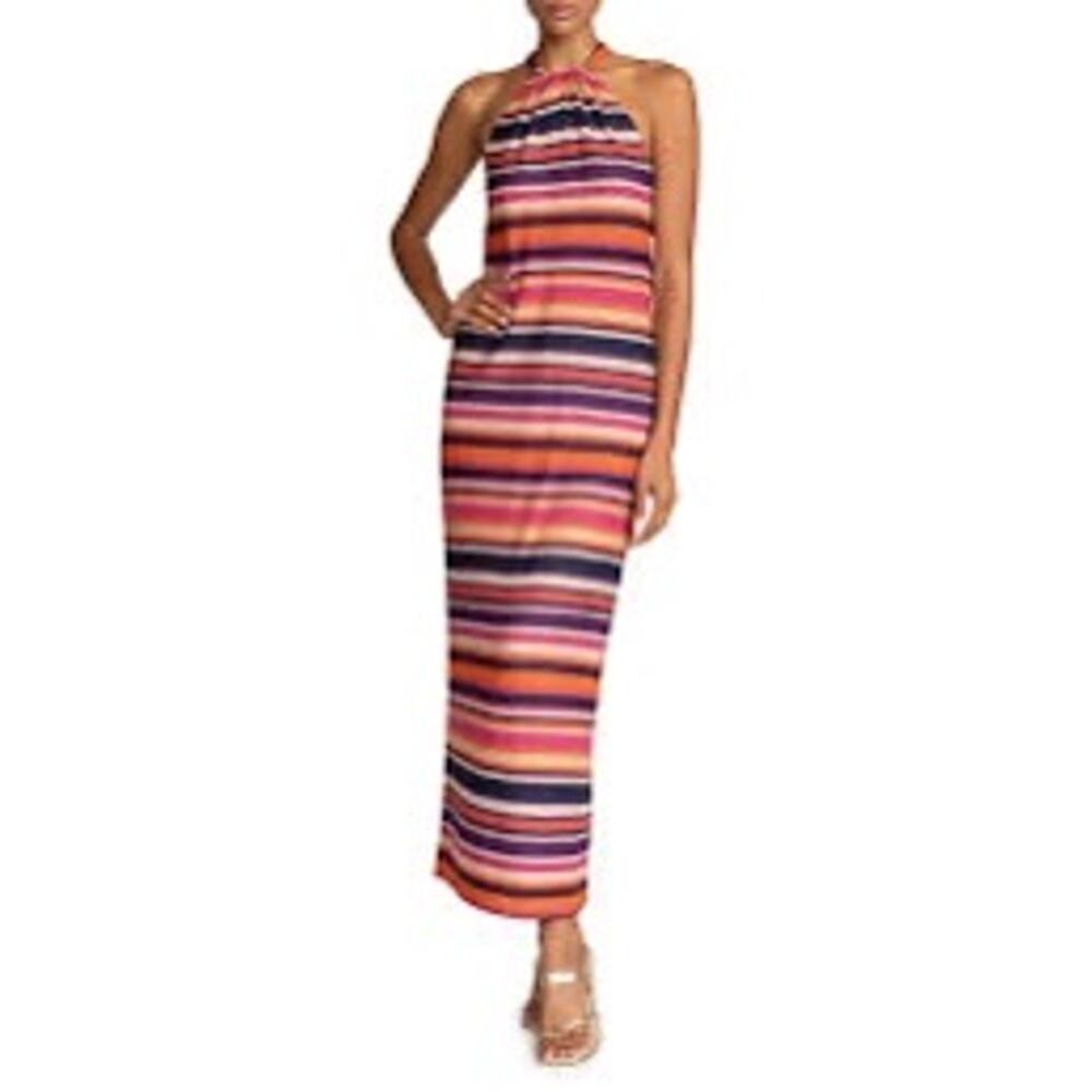 Trina Turk Milian Halter Maxi Dress Striped Size Large Multicolor Resort Summer